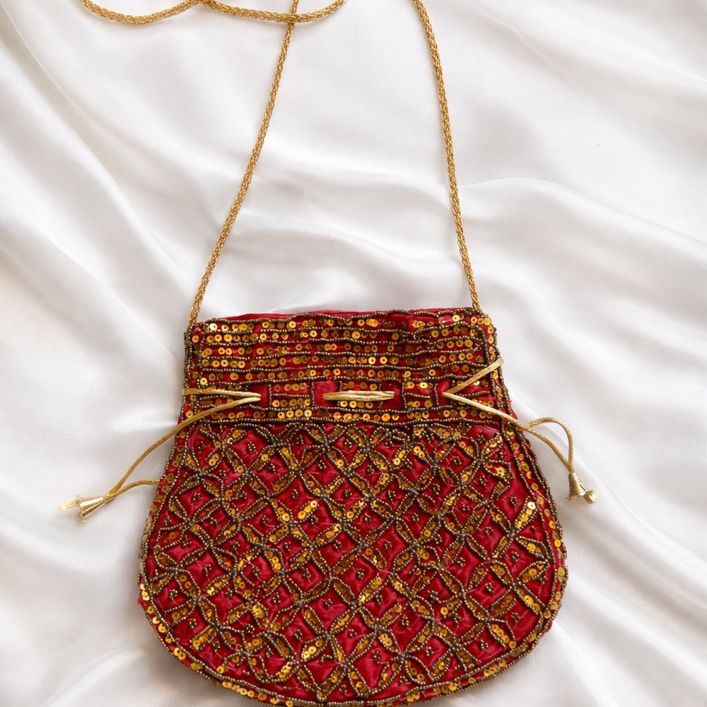 Chic Red and Gold Beaded Mini Bag